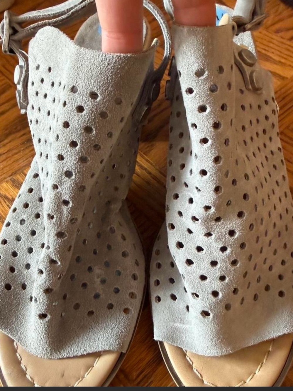 Women's Perforated Suede Open-Toe Sandals in Light Gray